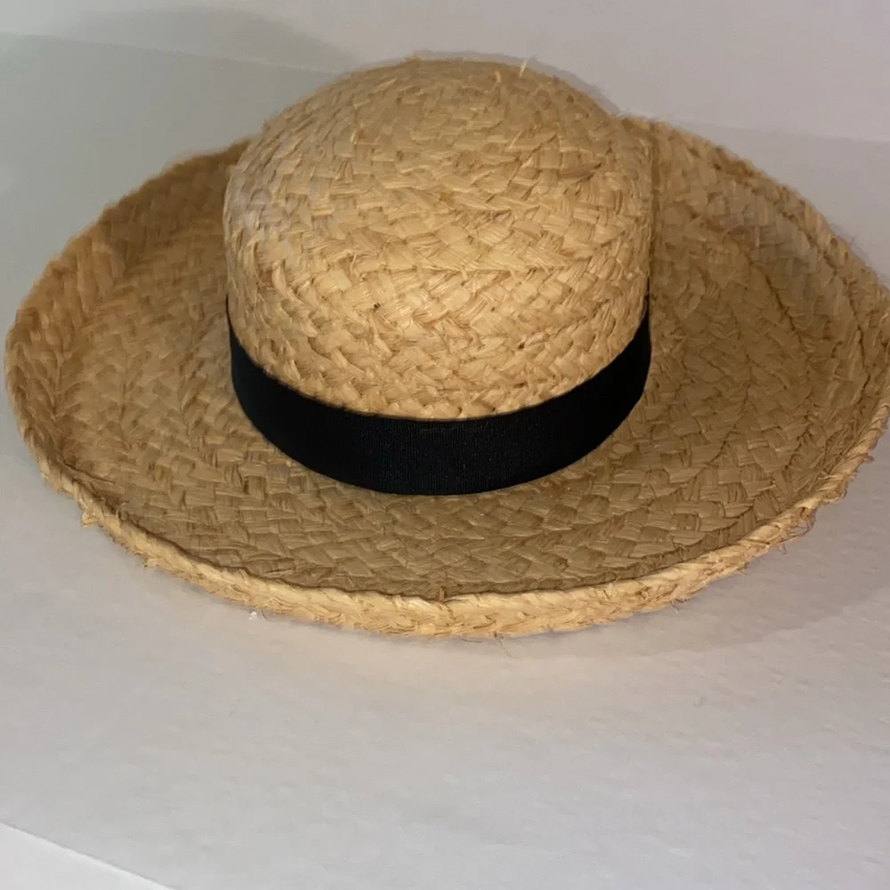 Rolled Brim Straw Hat with Black Ribbon Terry Cloth Inside Band SZ OS